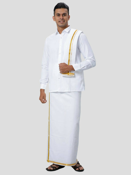 Ramraj Cotton Mens 1/4 " Poly Cotton Gold Jari Dhoti And Towel Set - White