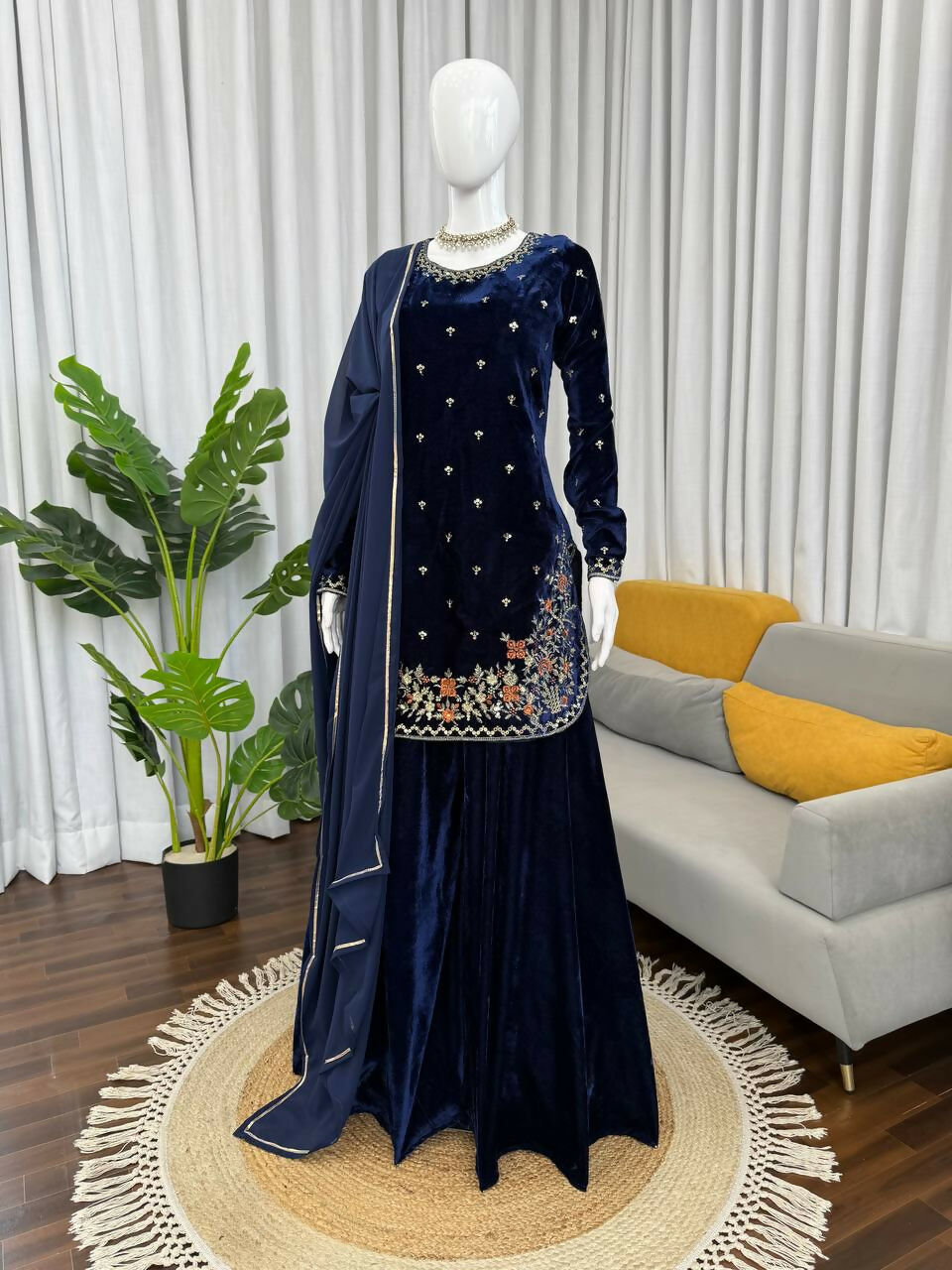 Vastranavya Blue Viscose Velvet Thread Sequence Work Kurta & Palazzo With Dupatta