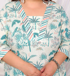 Miravan Women's Plus Size Cotton Light Green Scenic Birds And Leaf Floral Printed Straight Pakistani Style Kurta And Palazzo