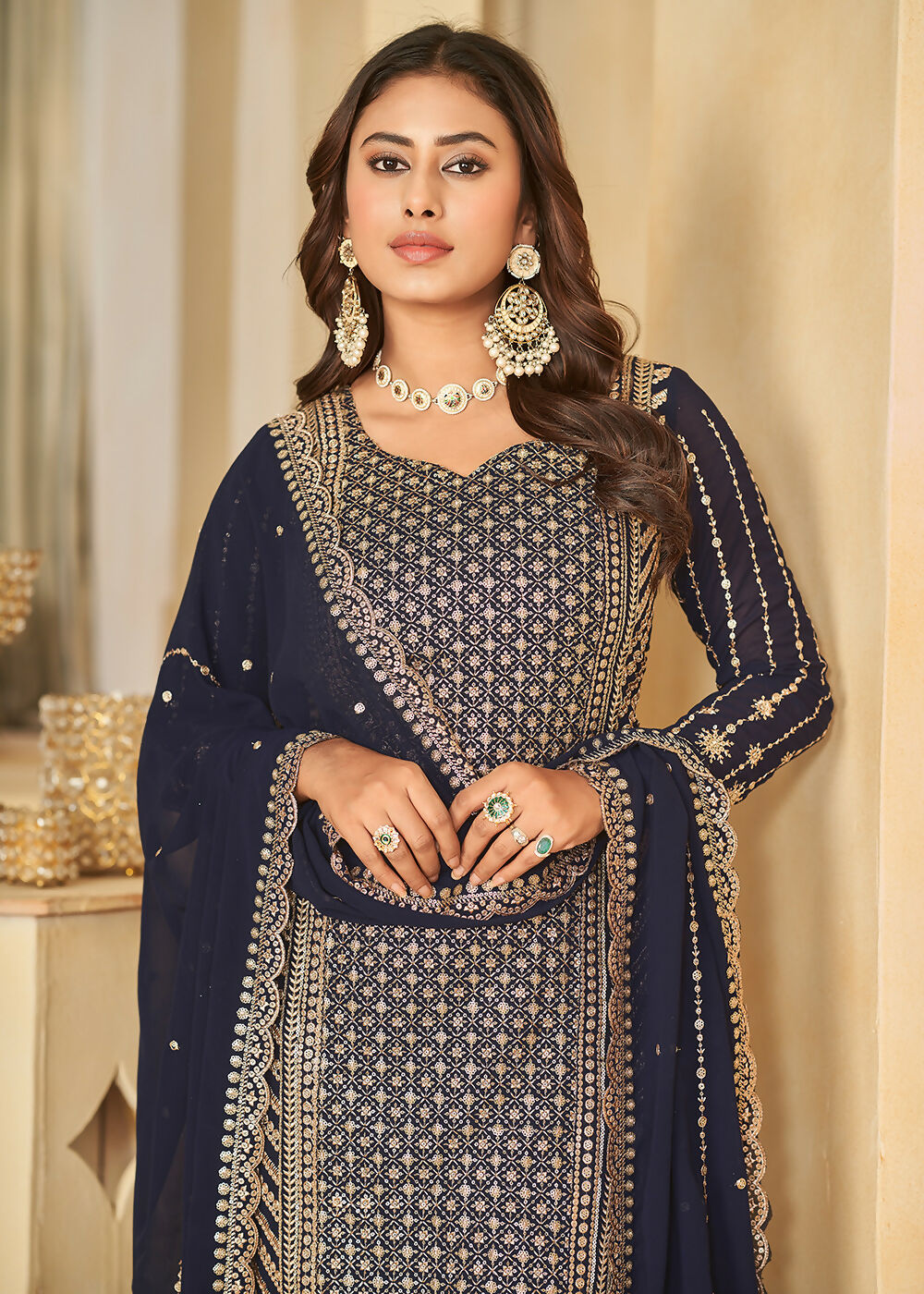 Mesmeric Blue Faux Georgette Palazzo Suit with Embroidery - Emponline
