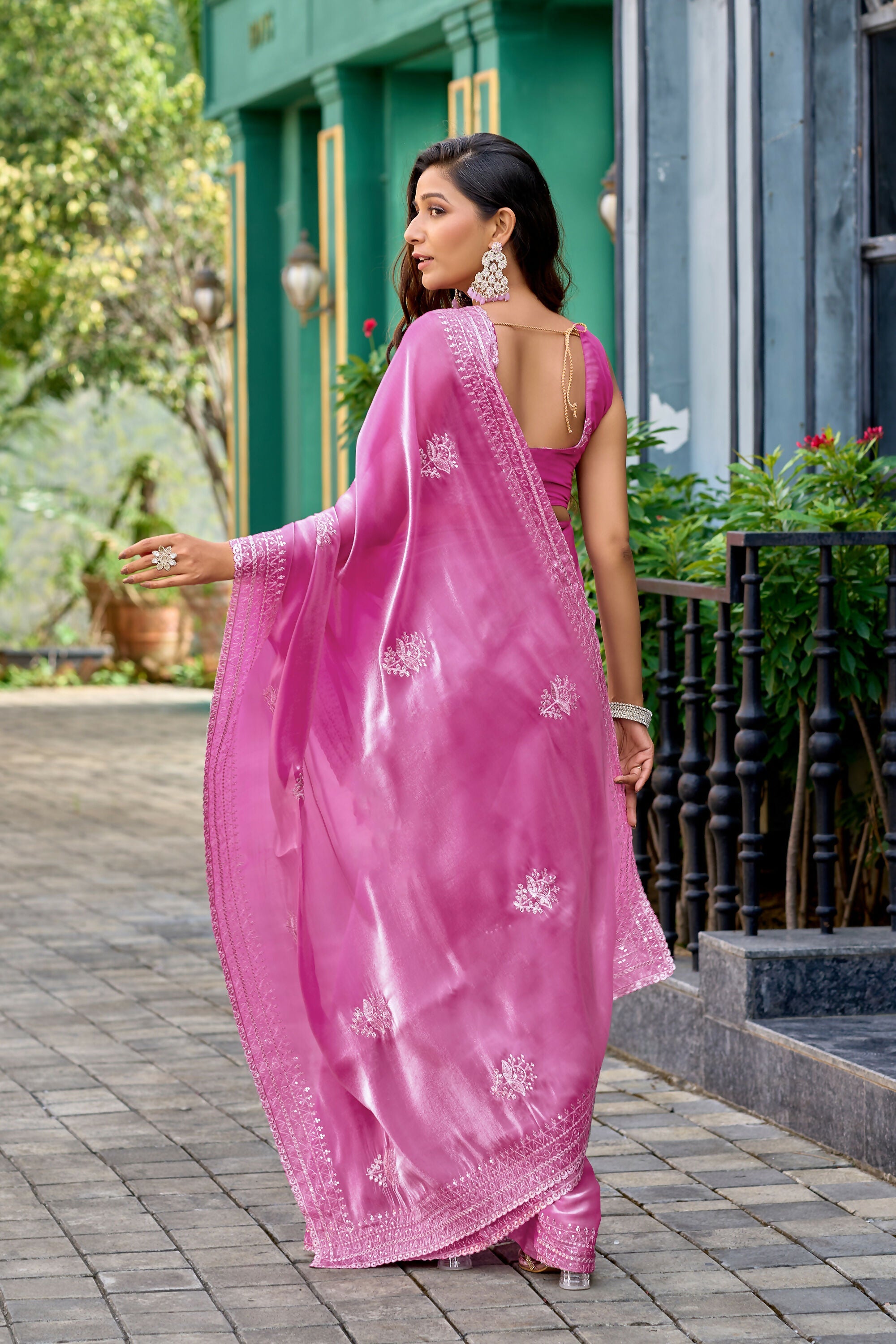 Vastranavya Baby Pink Embroidery Work Shimmer Chiffon Saree with Unstitched Blouse - Distacart