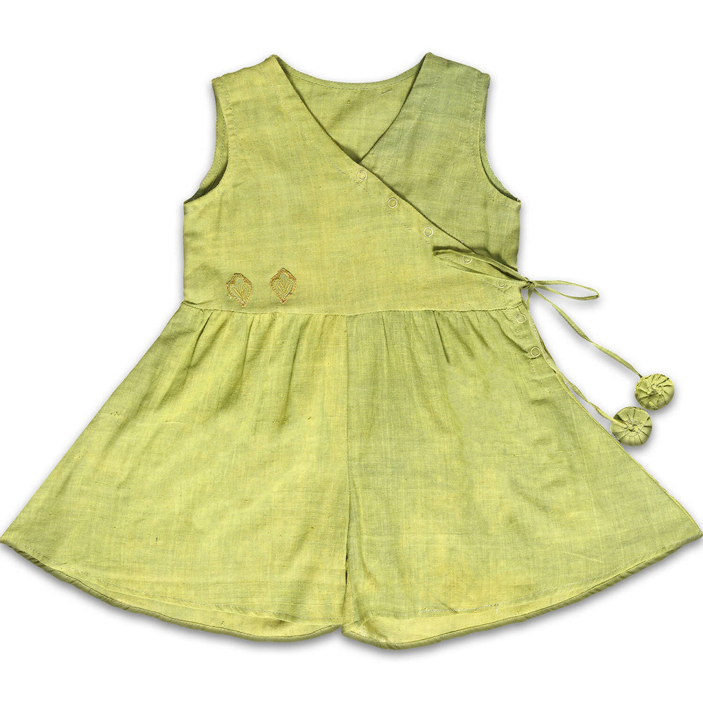 Mhyssa Green V Neck Short Jumpsuit With Front Overlap Tie-Up For Kids