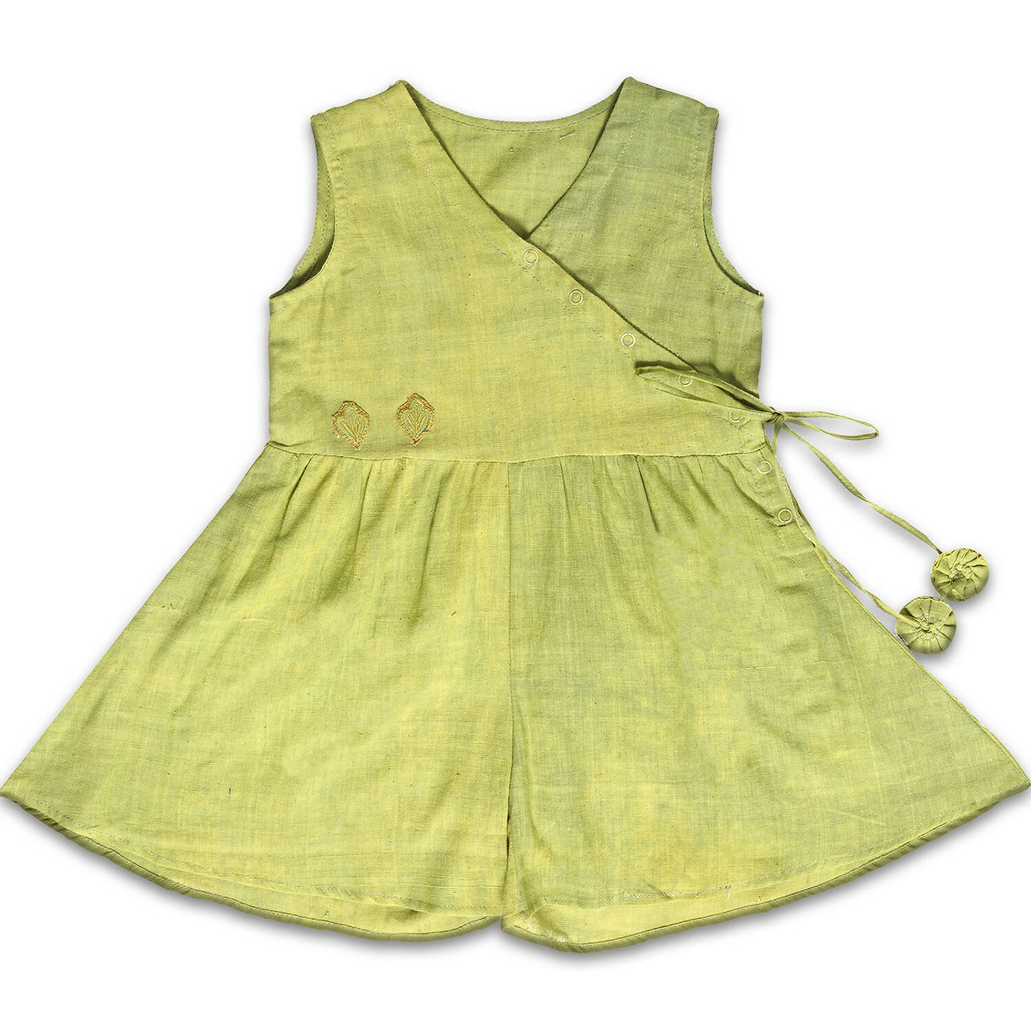 Mhyssa Green V Neck Short Jumpsuit With Front Overlap Tie-Up For Kids