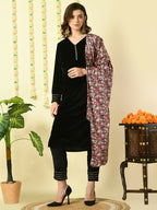 Myshka Women's Black Velvet Kurta & Trousers With Dupatta Party Sets