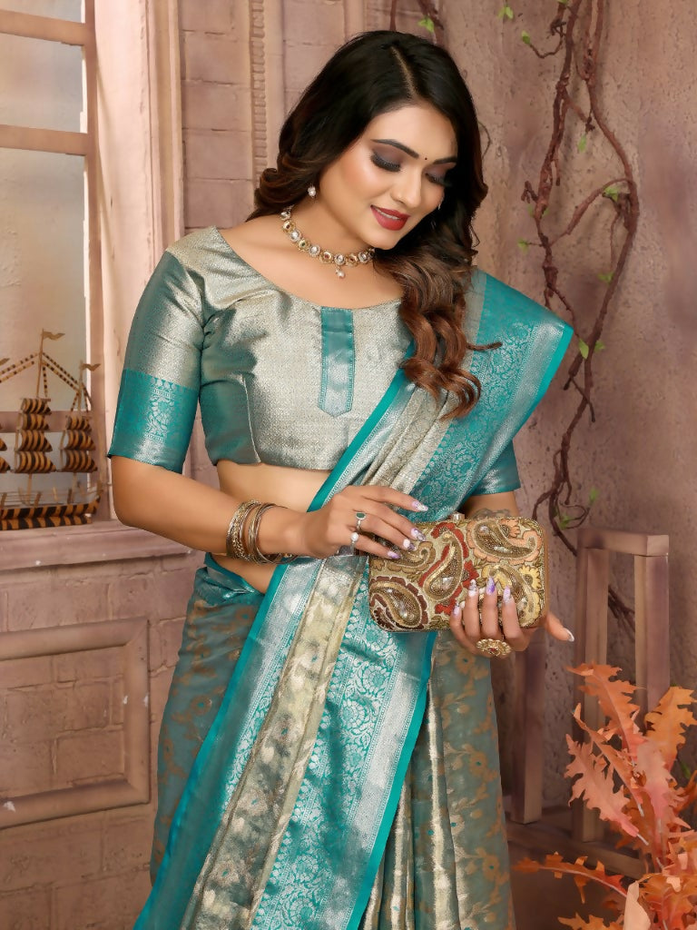 Anaita Blue Tissue Silk With Zari Weaving Saree With Blouse