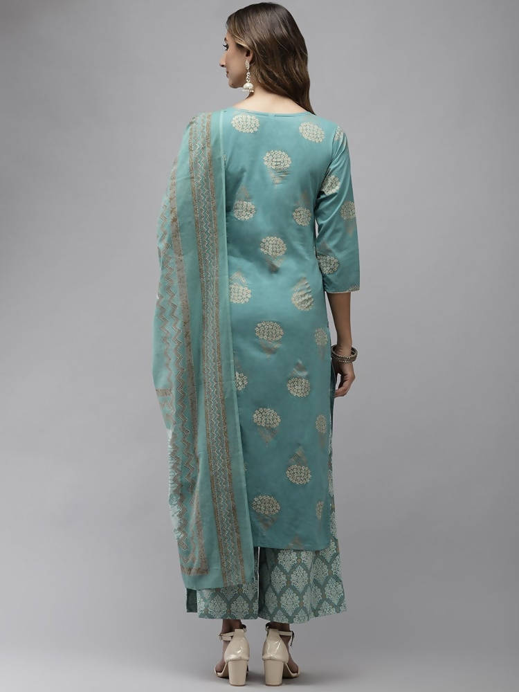 Yufta Women Blue & Off-White Printed Kurta with Palazzo & Dupatta