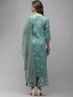 Yufta Women Blue & Off-White Printed Kurta with Palazzo & Dupatta