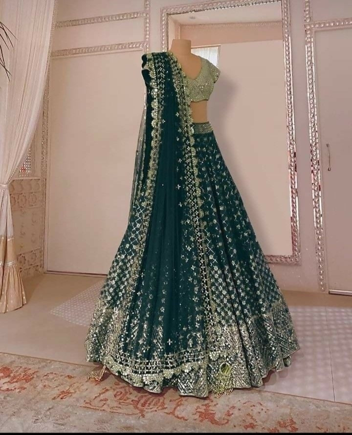 Jyoti Fashion Catching Bottle Green Faux Georgette Sequins with Paper Mirror & Jari Embroidery Lehenga Choli with Dupatta