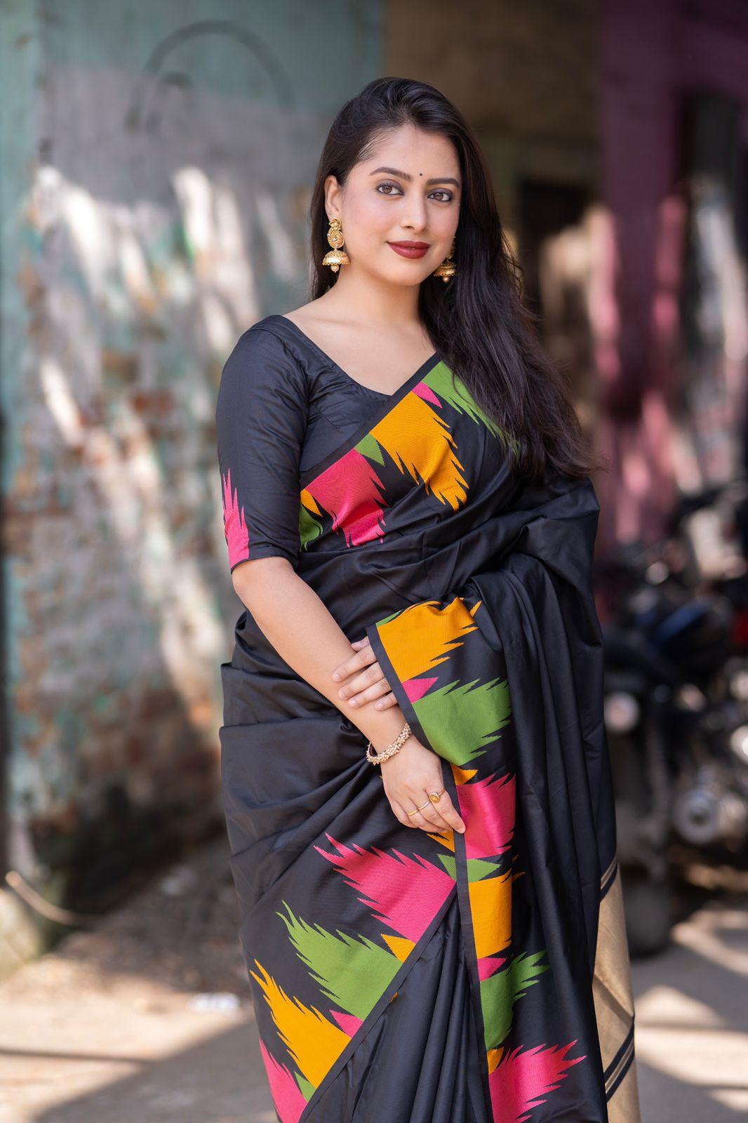 Black Polycotton Woven Design Saree with Unstitched Blouse - A2M - Distacart