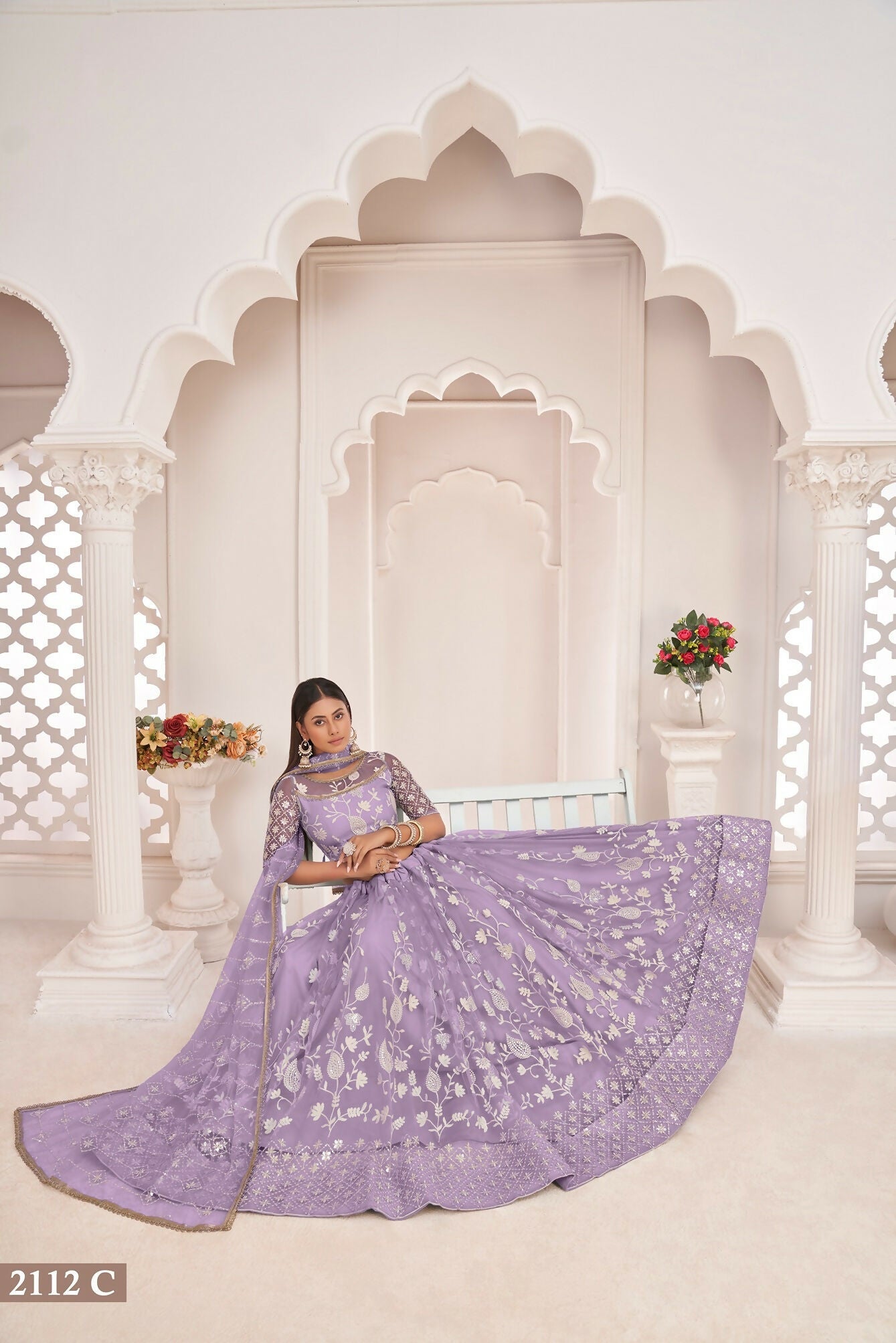 Eilara Women'S Light Purple Butterfly Net White Cotton Thread And Zari Sequence Embroidered Work Lehenga Choli For Party Wear