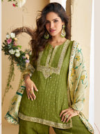 Evanik Women Mehendi Chinon Silk Zari Embroidered Sequins Sharara Suit