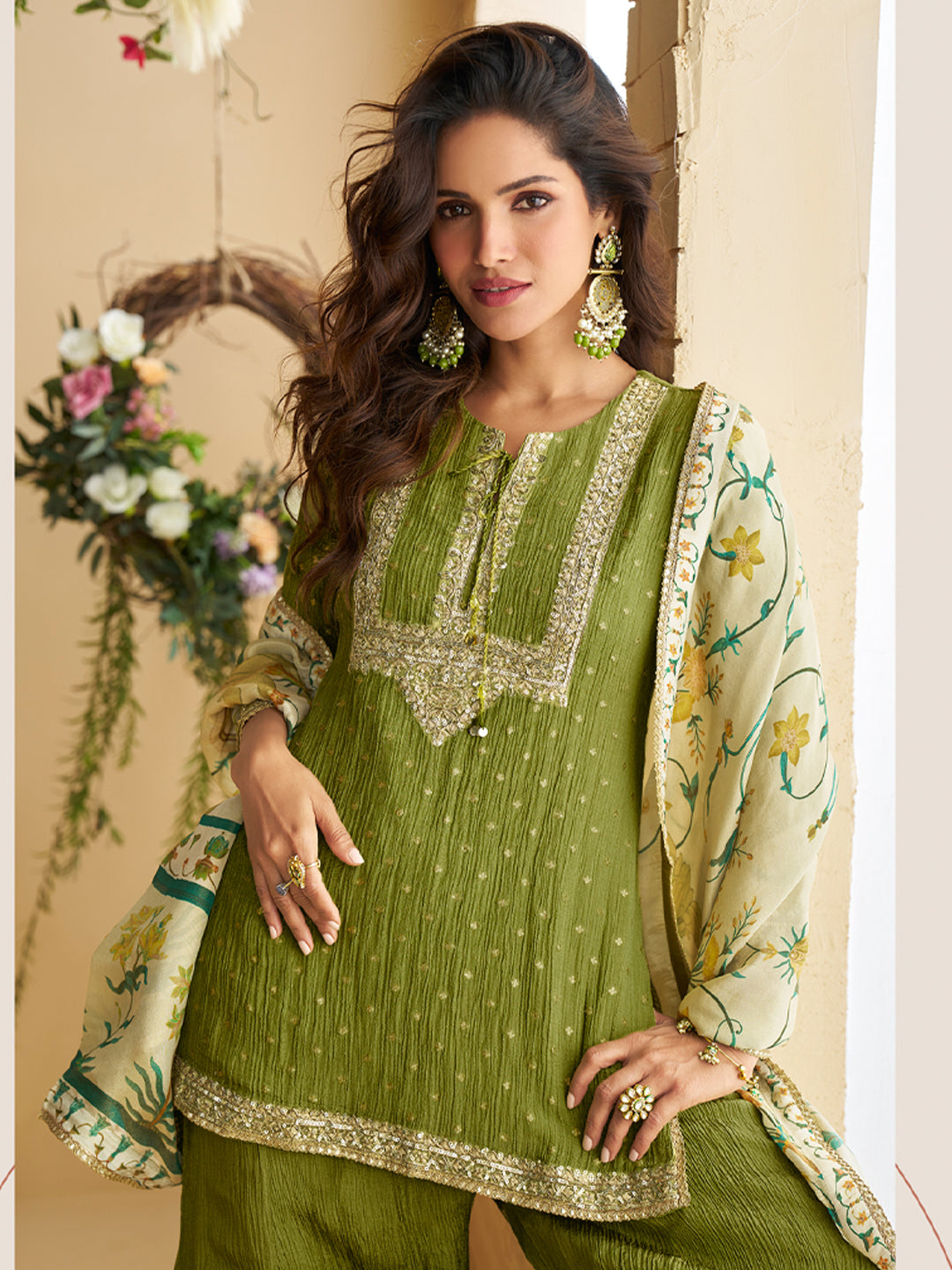Evanik Women Mehendi Chinon Silk Zari Embroidered Sequins Sharara Suit