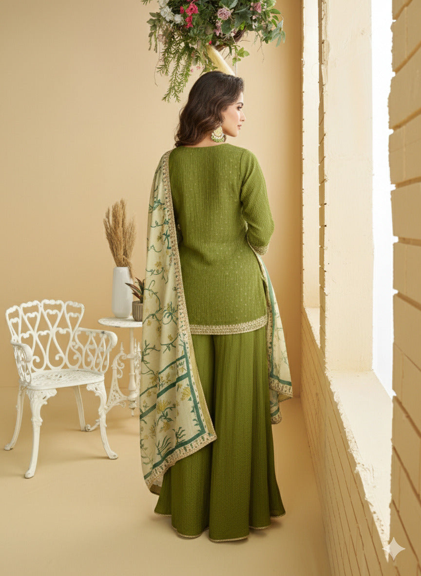 Evanik Women Mehendi Chinon Silk Zari Embroidered Sequins Sharara Suit