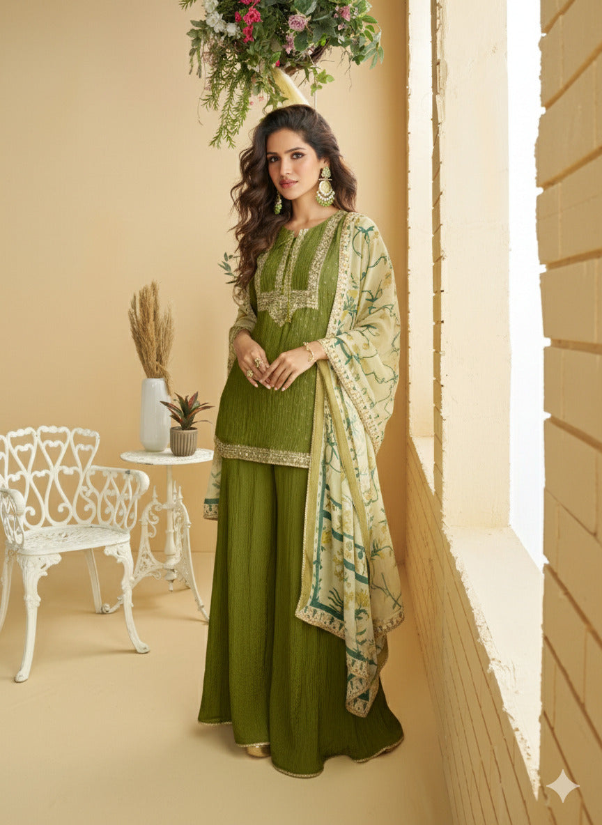 Evanik Women Mehendi Chinon Silk Zari Embroidered Sequins Sharara Suit