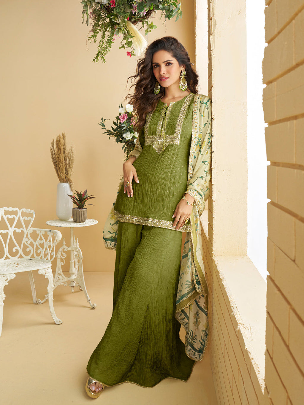 Evanik Women Mehendi Chinon Silk Zari Embroidered Sequins Sharara Suit