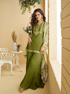 Evanik Women Mehendi Chinon Silk Zari Embroidered Sequins Sharara Suit