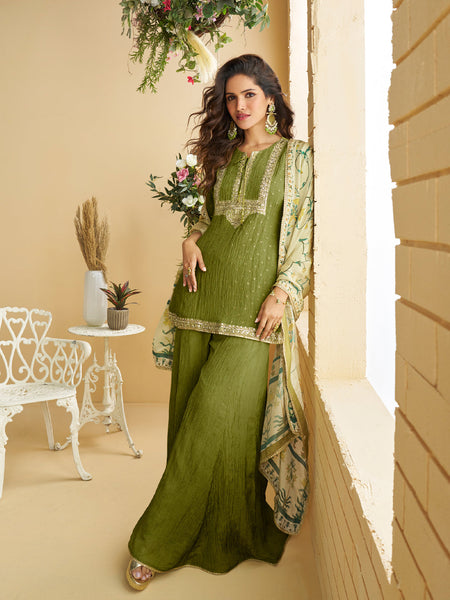 Evanik Women Mehendi Chinon Silk Zari Embroidered Sequins Sharara Suit