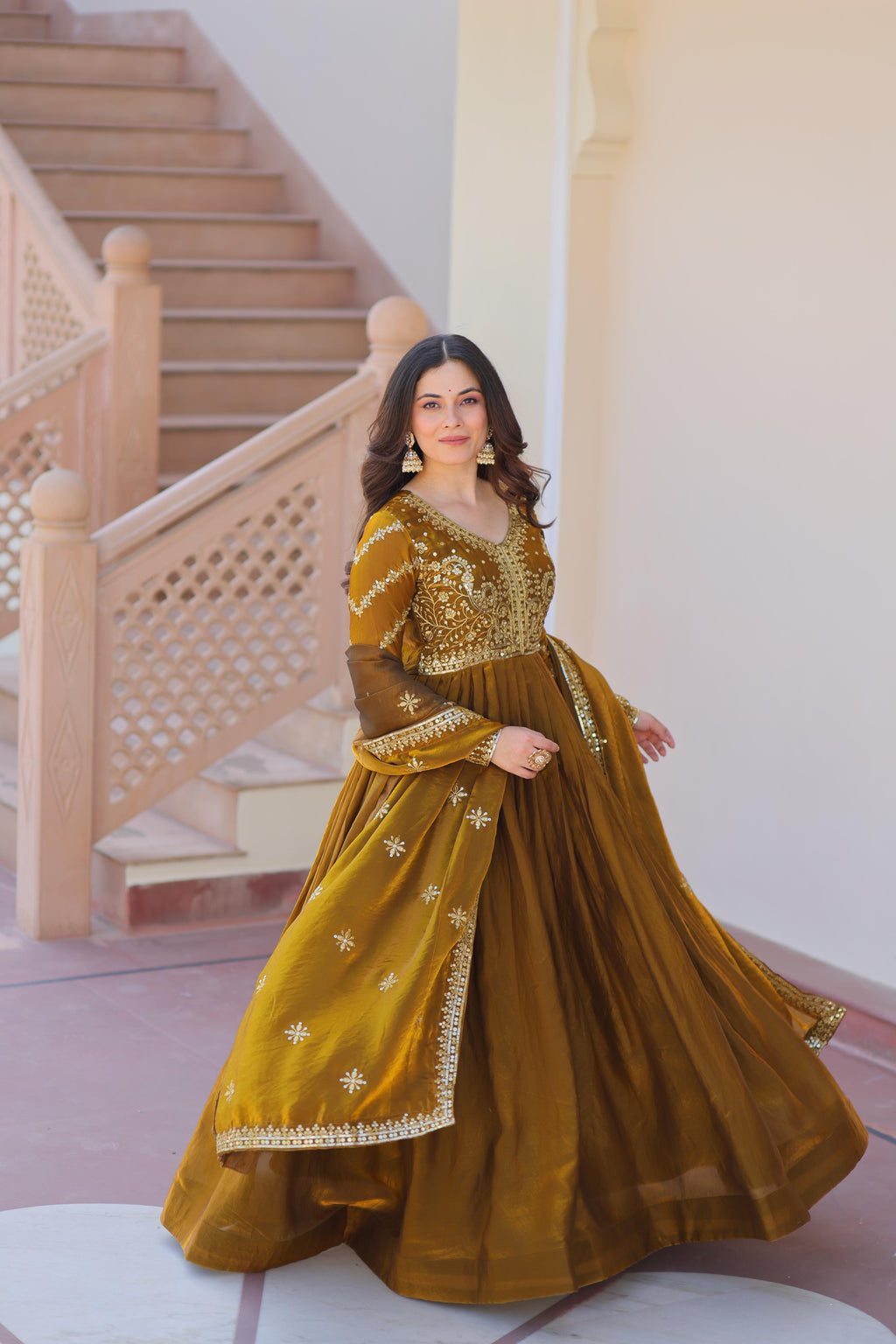 Evanik Mehendi Fendy Fabric With Zari & Sequins Embroidered work Gown Dupatta - Distacart