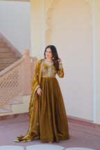 Evanik Mehendi Fendy Fabric With Zari & Sequins Embroidered work Gown Dupatta - Distacart