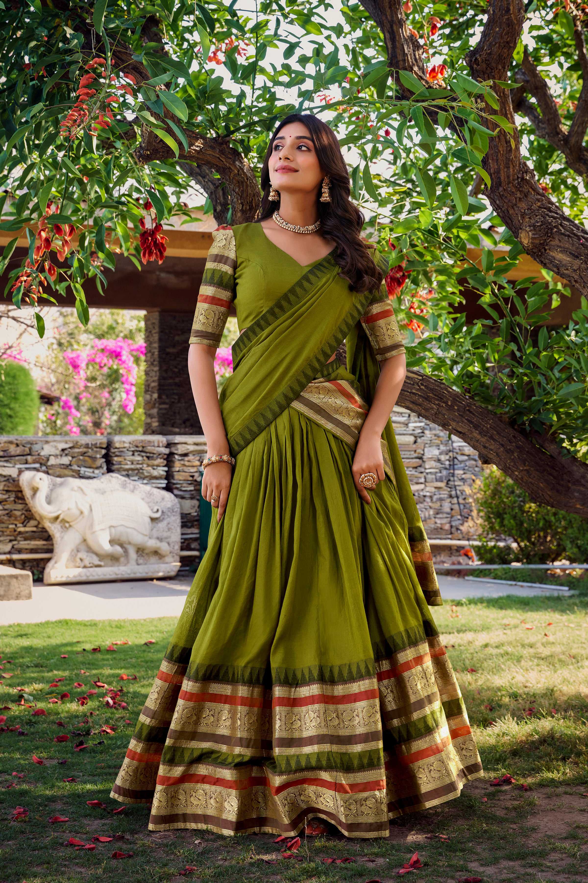 Evanik Women Pure Chanderi Plain With Zari Weaving Work Border Stitched Lehenga With Unstitched Blouse Dupatta(Up to 42) - Distacart