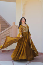 Evanik Mehendi Fendy Fabric With Zari & Sequins Embroidered work Gown Dupatta - Distacart
