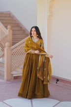 Evanik Mehendi Fendy Fabric With Zari & Sequins Embroidered work Gown Dupatta - Distacart
