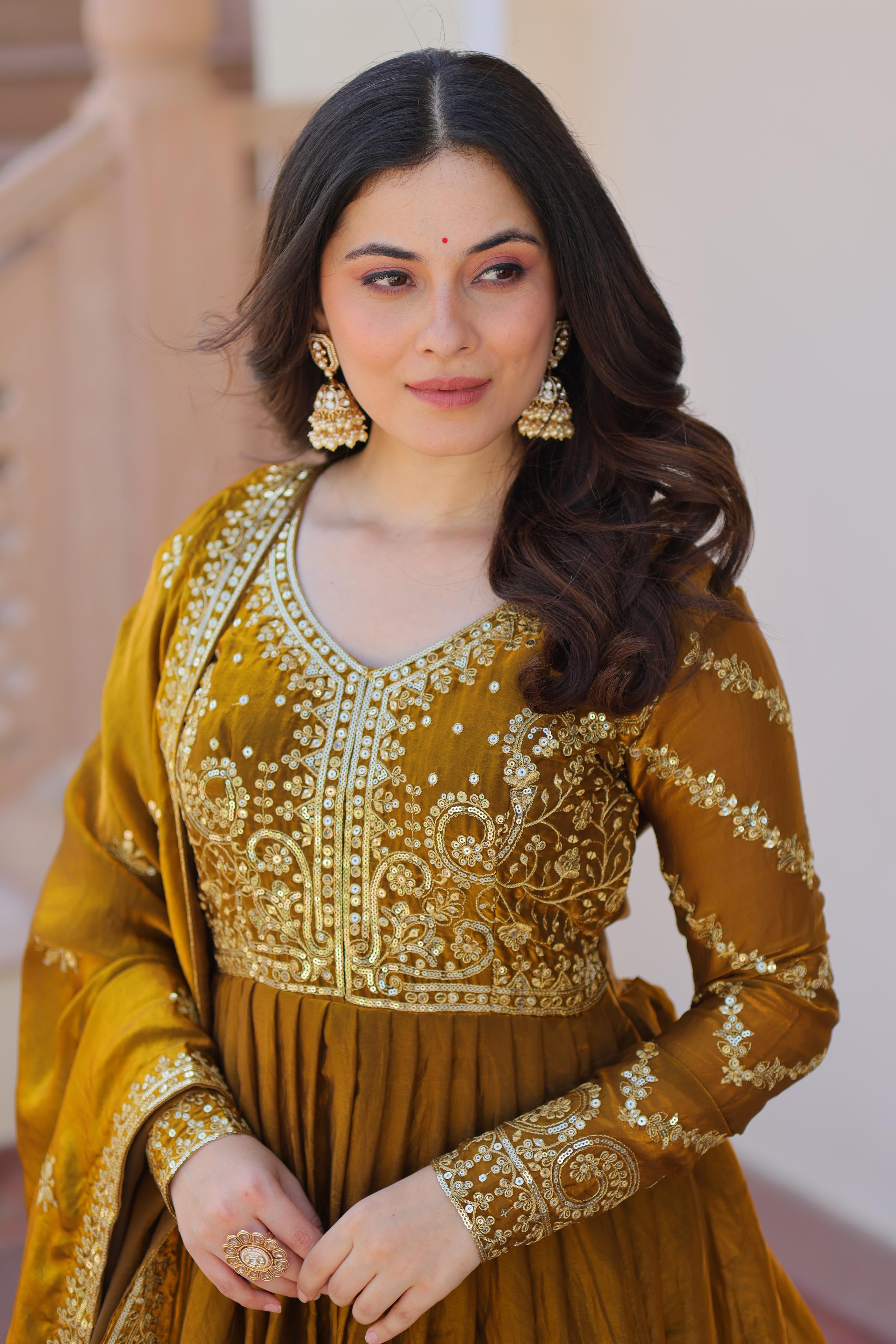 Evanik Mehendi Fendy Fabric With Zari & Sequins Embroidered work Gown Dupatta - Distacart