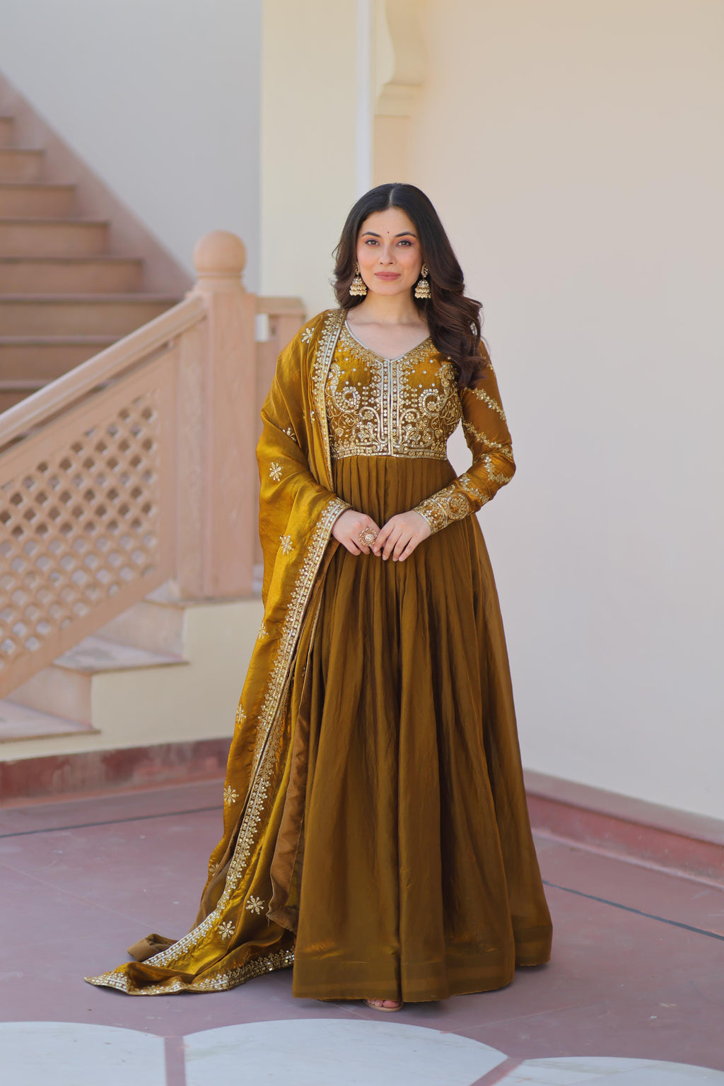 Evanik Mehendi Fendy Fabric With Zari & Sequins Embroidered work Gown Dupatta - Distacart
