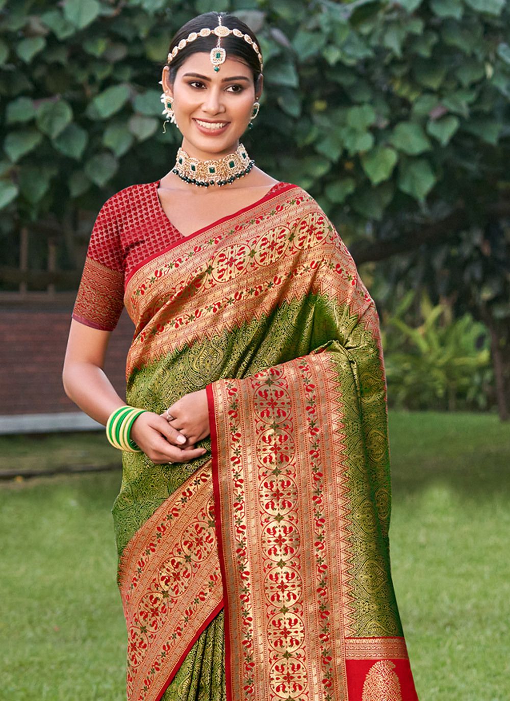 Anaita Mehendi Banarasi Saree With Blouse Piece - Distacart