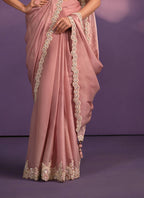 Pink Crepe Georgette Silk Embroidered Saree With Stitched Blouse - Mohmanthan Exotica