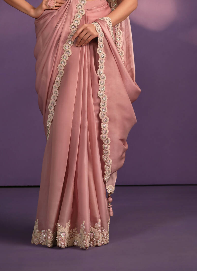 Pink Crepe Georgette Silk Embroidered Saree With Stitched Blouse - Mohmanthan Exotica