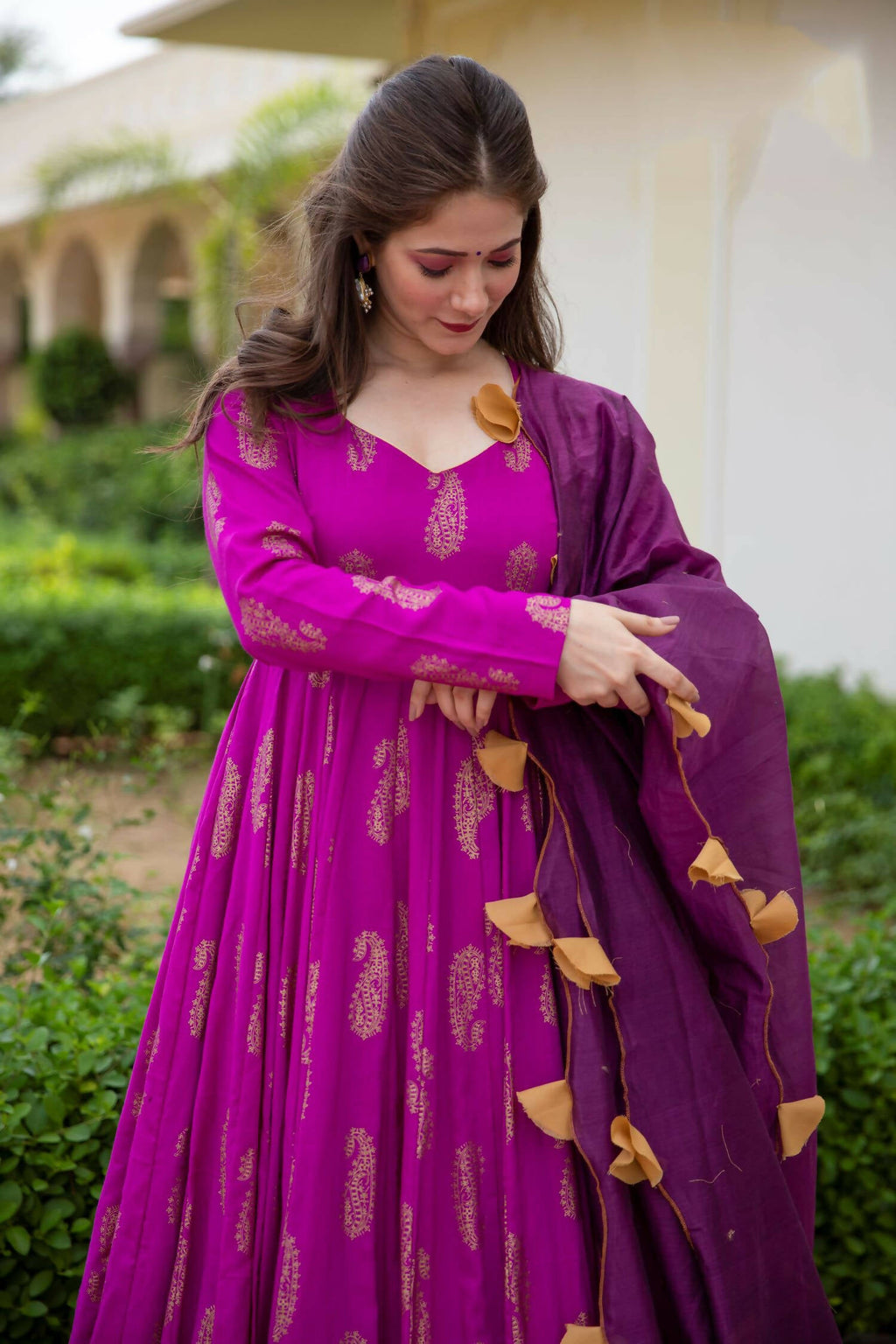 Purple Pure Reyon Gold Foil Work Stitched Suit With Dupatta - Anbazaar - Distacart