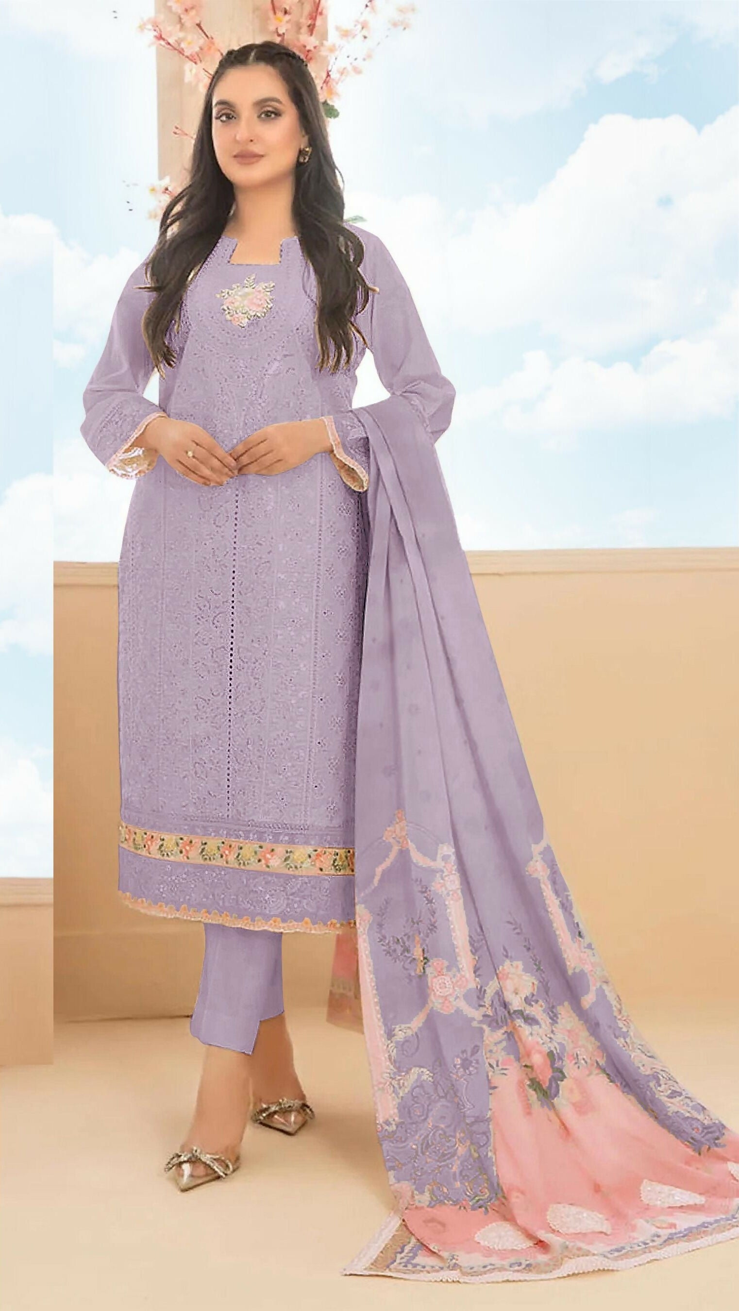Anaita Purple Cambric Cotton Stitched Suit with Embroidery & Sequence Work - Distacart