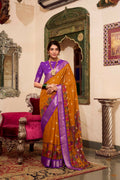 Vastranavya Mustard Poly Cotton Kalamkari Printed Saree with Unstitched Blouse
