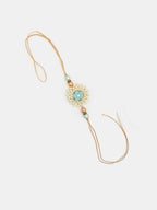NVR Women & Men Set of 2 Peach Floral Design Pearl Beaded Bhaiya Bhabi Rakhi With Roli Chawal & Chocolate - Distacart