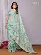 Blue Satin Silk Embroidered Saree With Stitched Blouse - Nimaya Kaksha