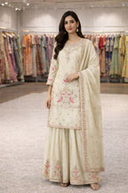 Teeya Creation Cream Chinnon Designer Embroidery Work Party Wear Salwar Suit - Distacart
