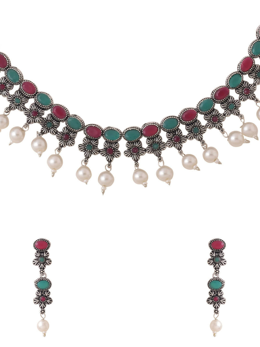 NVR Women Silver-Plated Stone Studded Oxidised Silver Jewellery Set