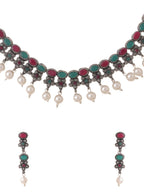 NVR Women Silver-Plated Stone Studded Oxidised Silver Jewellery Set