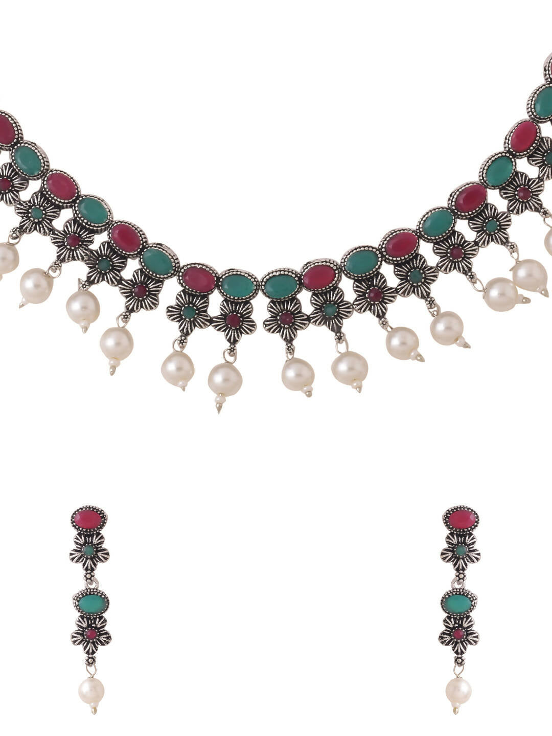 NVR Women Silver-Plated Stone Studded Oxidised Silver Jewellery Set