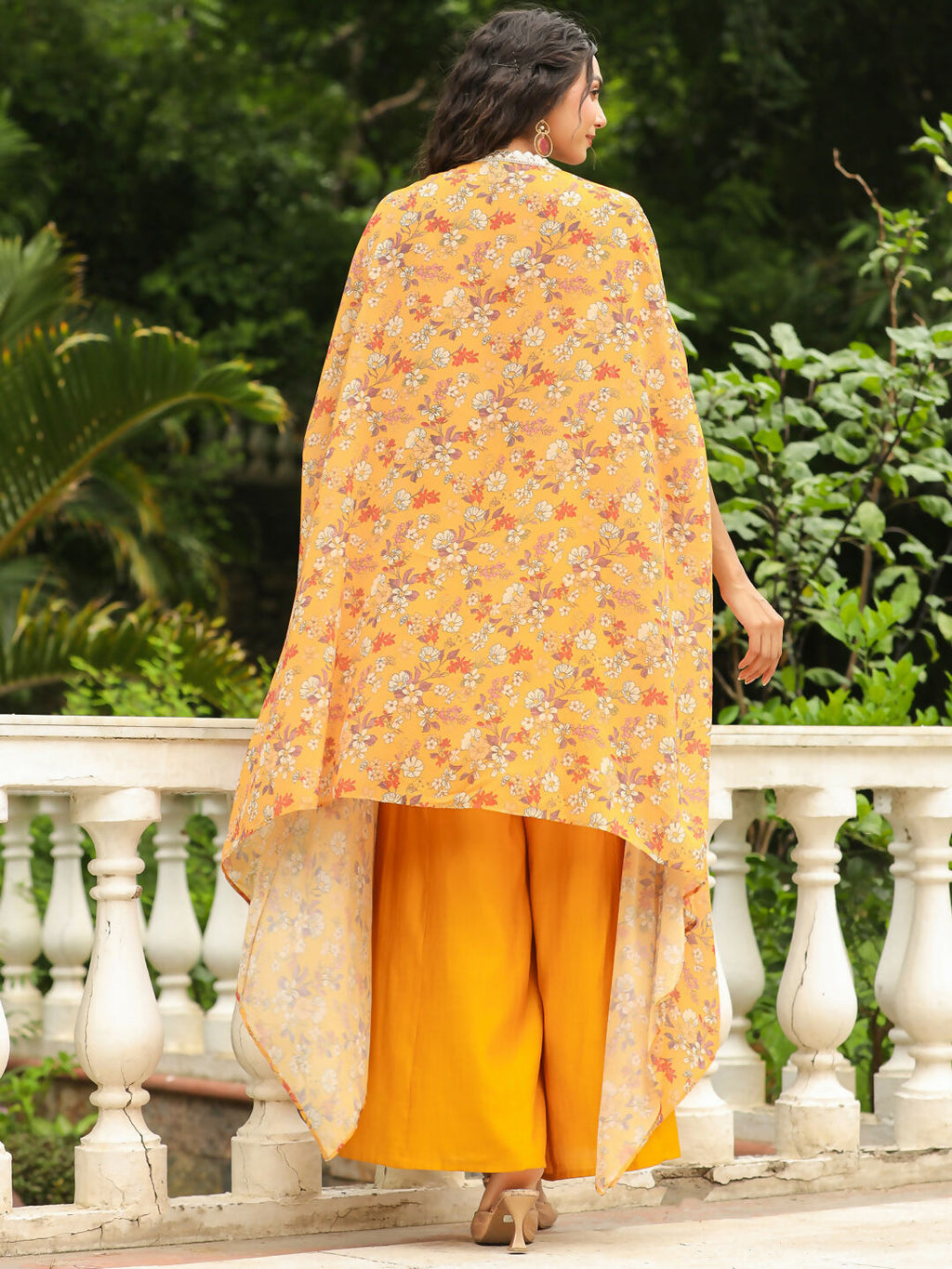 Janasya Mustard Georgette Floral Top Bottom Cape