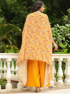 Janasya Mustard Georgette Floral Top Bottom Cape