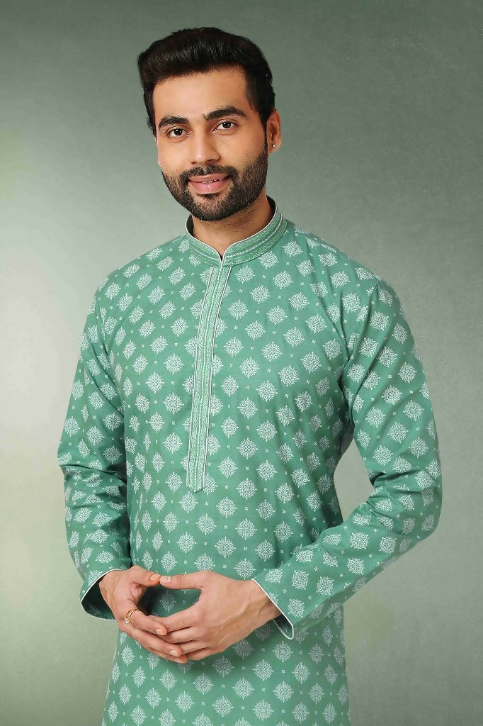 Raivat Ethnic Cotton Printed Work Kurta Pajama In Green Colour