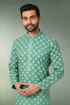 Raivat Ethnic Cotton Printed Work Kurta Pajama In Green Colour