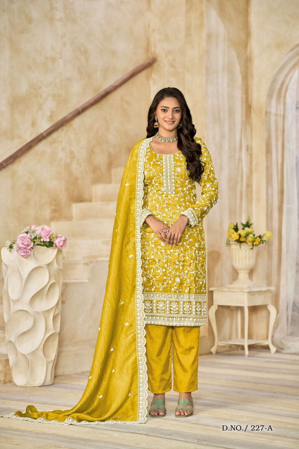 Anaita Yellow Organza Crush Stitched Suit with Embroidery Work - Distacart
