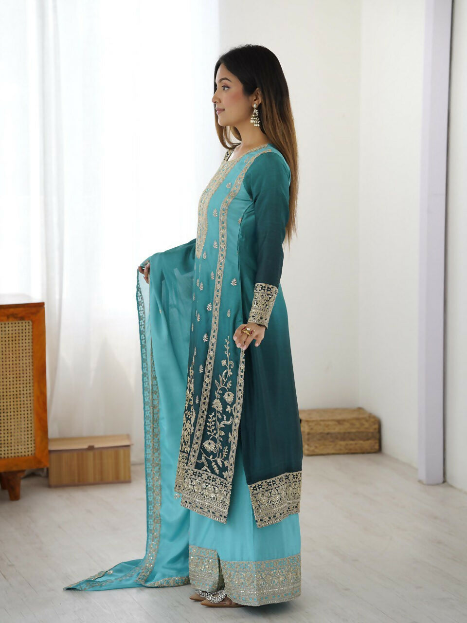 The52 Women's Gorgeous Chinon silk Fabric Embroidery Work Straight Kurta Palazzo and Dupatta Set - Distacart
