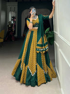 Vastranavya Navaratri Special Pure Cotton Printed With Cowrie (Kodi) Lace Touch Up Lehenga with Stitched Blouse - Green