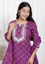 Miravan Magenta Embroidered Cotton Kurta with Palazzo and Dupatta