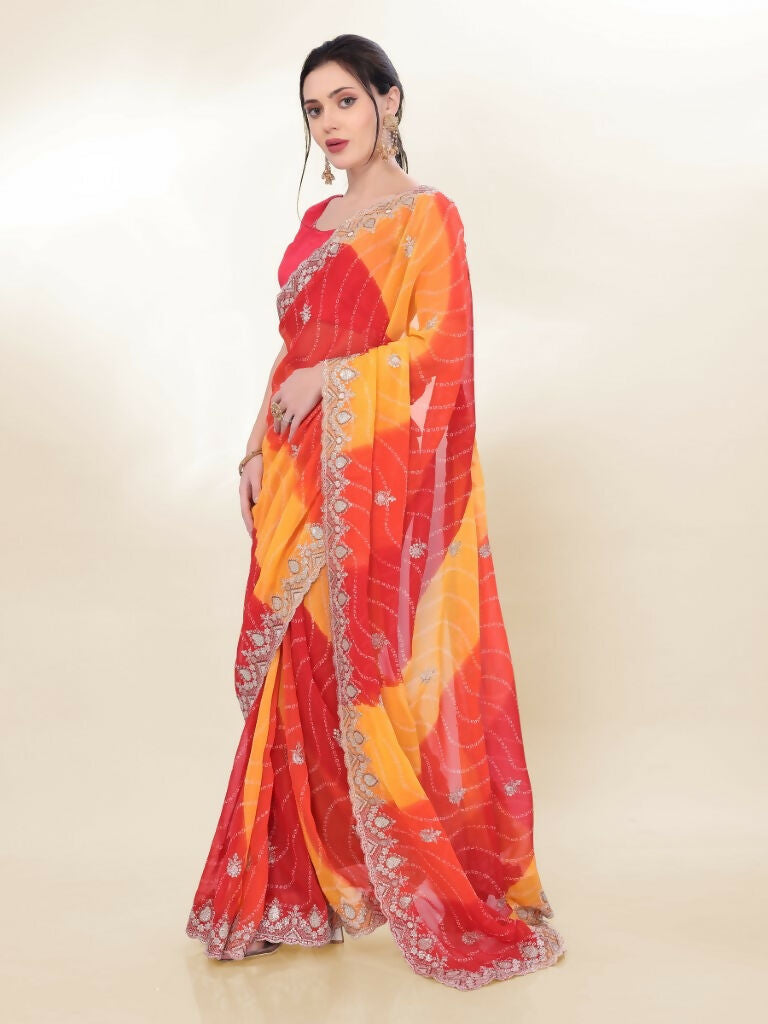 Orange Georgette Bandhani Printed,Embroidery Work Saree - Bandhan