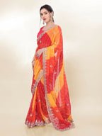Orange Georgette Bandhani Printed,Embroidery Work Saree - Bandhan